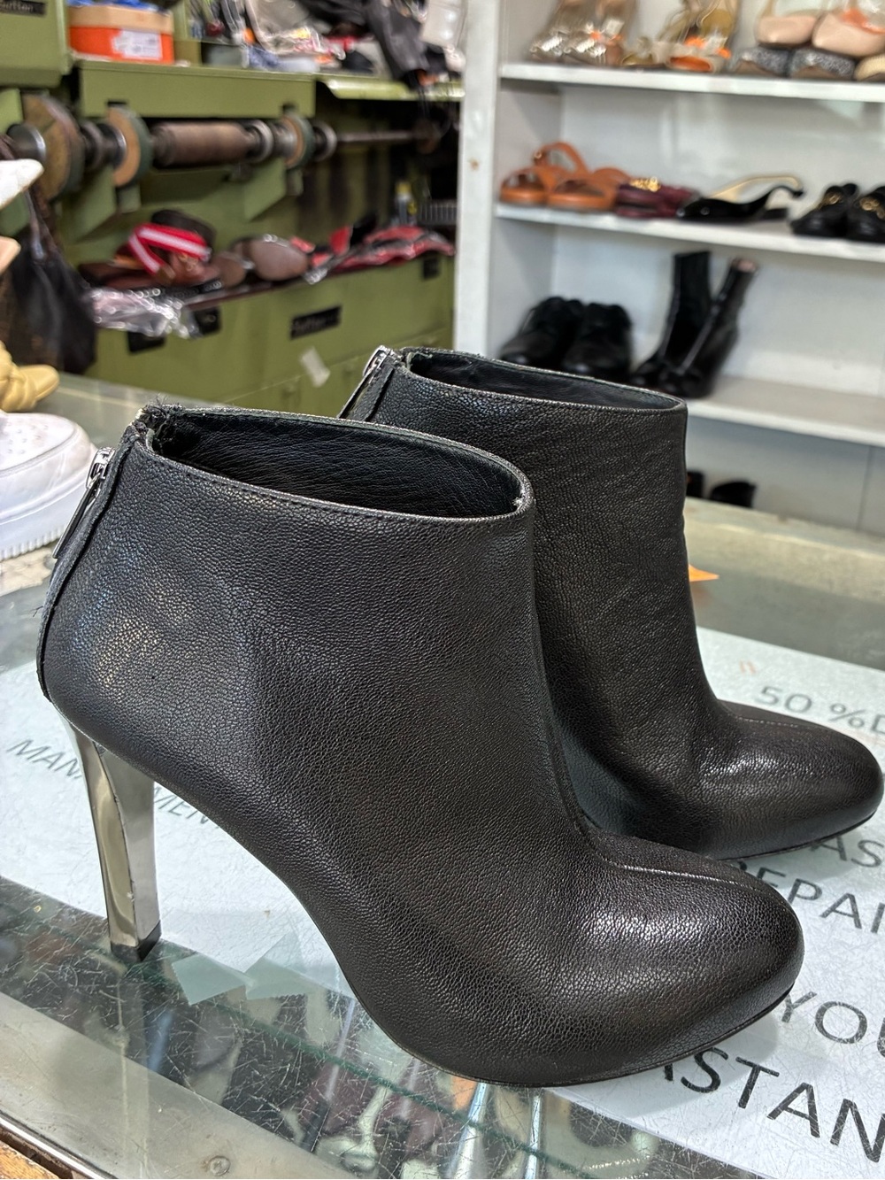 Tory Burch Black Leather Ankle Booties with Metallic Heel